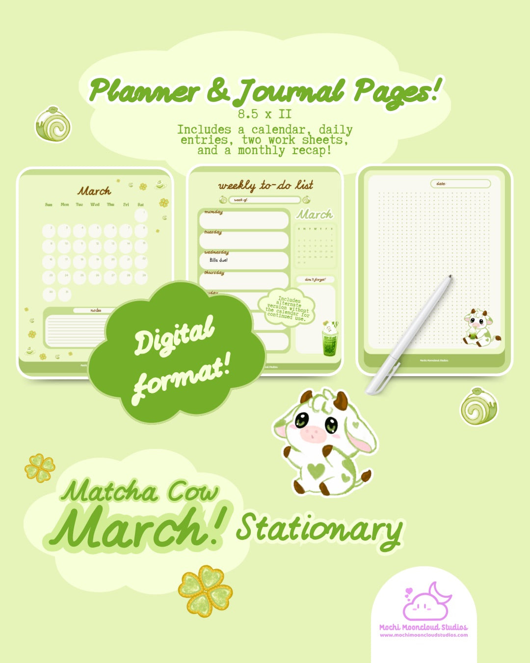 Matcha Cow Digital Stationary: The Complete Pack